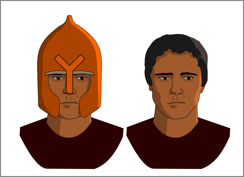 a double view of the same dark-haired person, one view with a helmet, and one without. Both views have an ideantical, slightly worried expression.